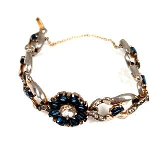 Vtg 1940s Sterling Vermeil Faux Sapphire Rhinestone Bracelet Retro Safety Chain